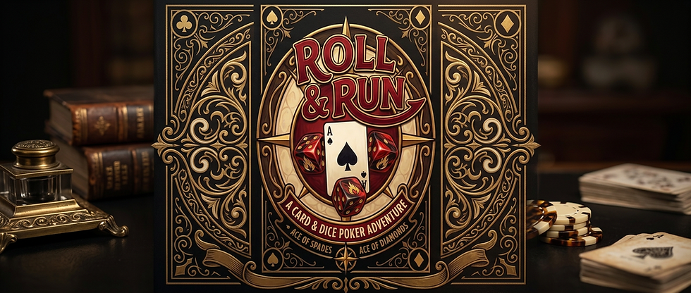 Roll & Run game cover art with ornate frame and flaming dice
