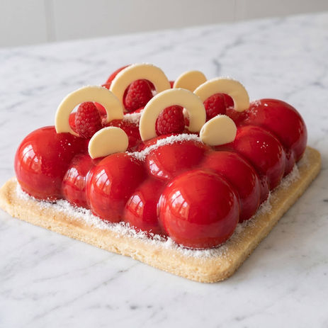 Entremets aux framboises et chocolat blanc sur marbre