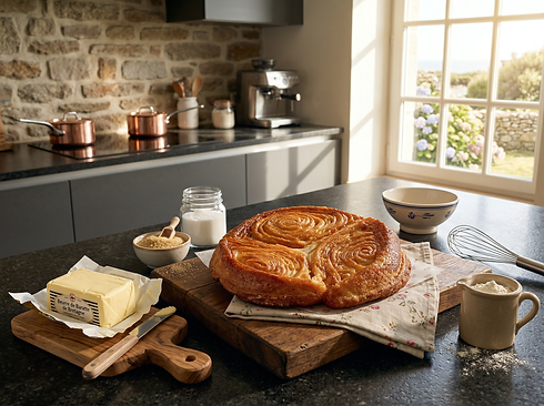 Firefly_Gemini Flash_Une image d'un Kouign-amann sur un plan de travail dans une cruisine