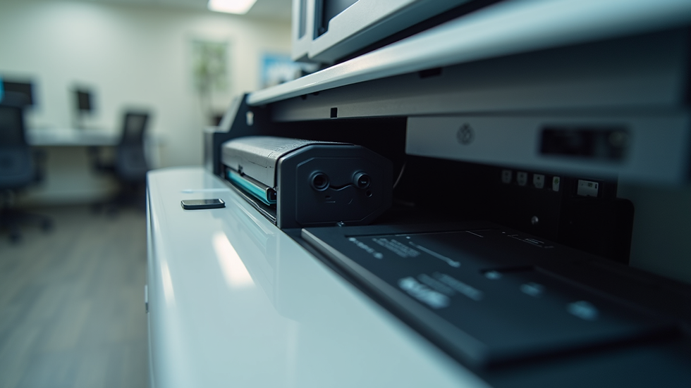 Eye-level view of office printer with toner cartridge being replaced
