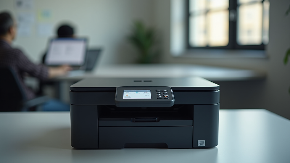 Eye-level view of office printer with touchscreen panel