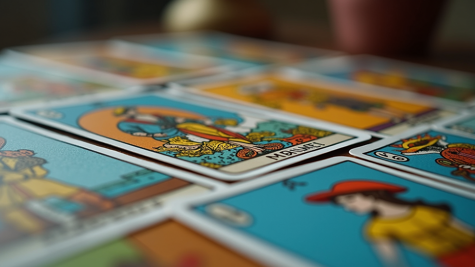 Close-up view of colorful tarot cards spread out