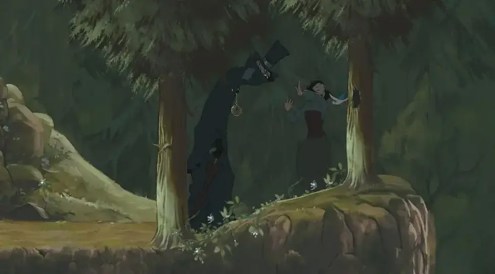 Shadowy figure with top hat chases a woman on a forest cliff. Trees and foliage create a dark, suspenseful mood.