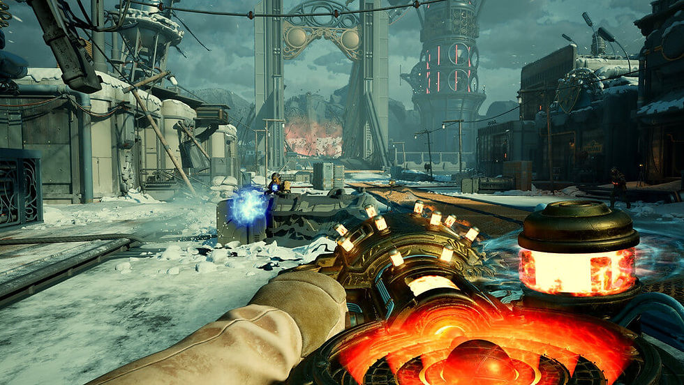 First-person view of a game, featuring a sci-fi weapon aimed at an enemy in snowy industrial ruins. Bright orange and blue energy effects.
