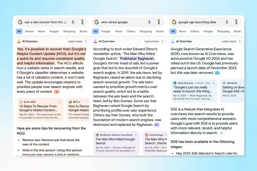 Three Google search tabs showing AI-generated overviews on content recovery, the downfall of Google Search, and SGE launch details.