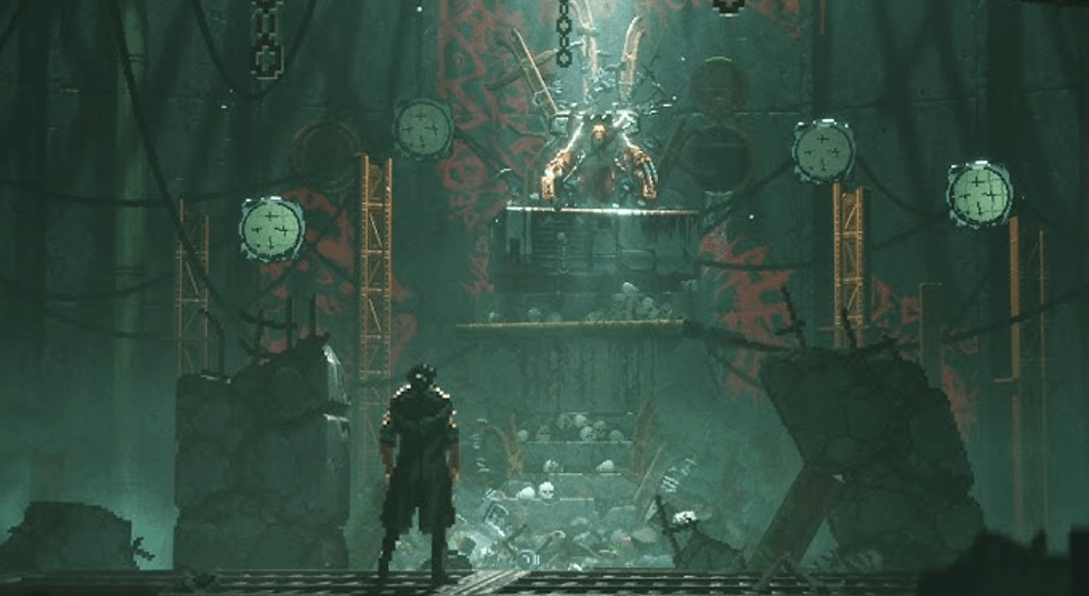 A mysterious figure stands in a shadowy, industrial setting with clocks and a skeletal throne adorned with red symbols, creating a tense mood.