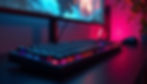 A glowing keyboard with RGB lights sits on a desk, next to a mouse. A monitor displays a colorful scene. The room is lit in pink and blue.