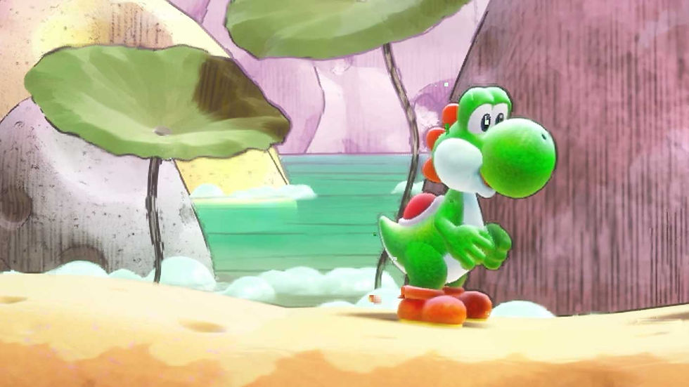 Green Yoshi stands on a sandy shore beside giant leaves and calm water in a pastel, dreamy scene