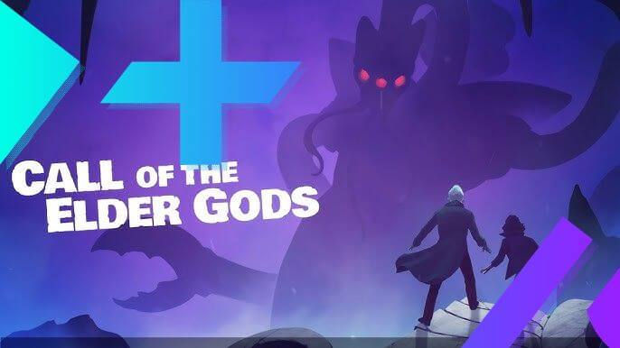 Poster text Call of the Elder Gods shows two figures on a cliff facing a giant red-eyed monster in a purple-blue scene.
