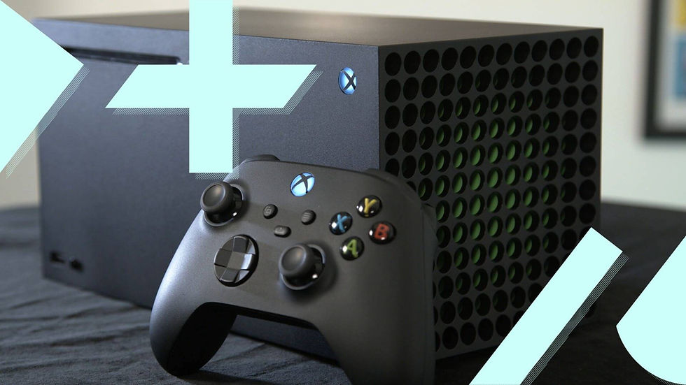 Xbox Series X console with matching controller on a table, shown in close-up with a sleek black design and blue Xbox logos