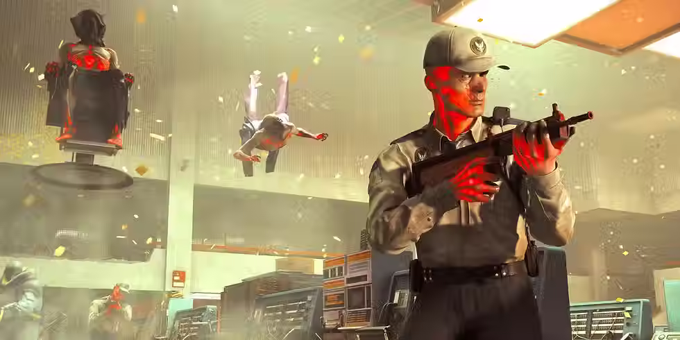 man with a riffle and crazy things happenenign in the background