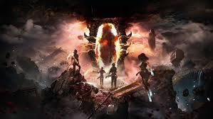 Fantasy scene of five silhouetted figures standing before a fiery, ominous portal amid a rocky, apocalyptic landscape. Mood is tense and dramatic.