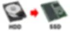 HDD on left, SSD on right with red arrow between. Represents upgrade or transition. Text labels each; background is plain white.