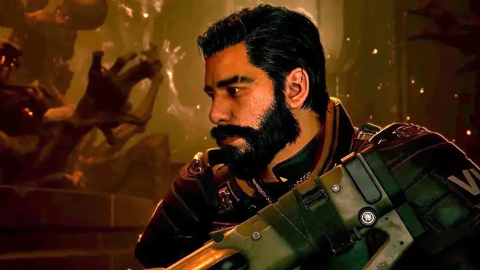 Bearded man in military gear looks determined, holding a weapon. Dark, intense setting with glowing embers in the background.