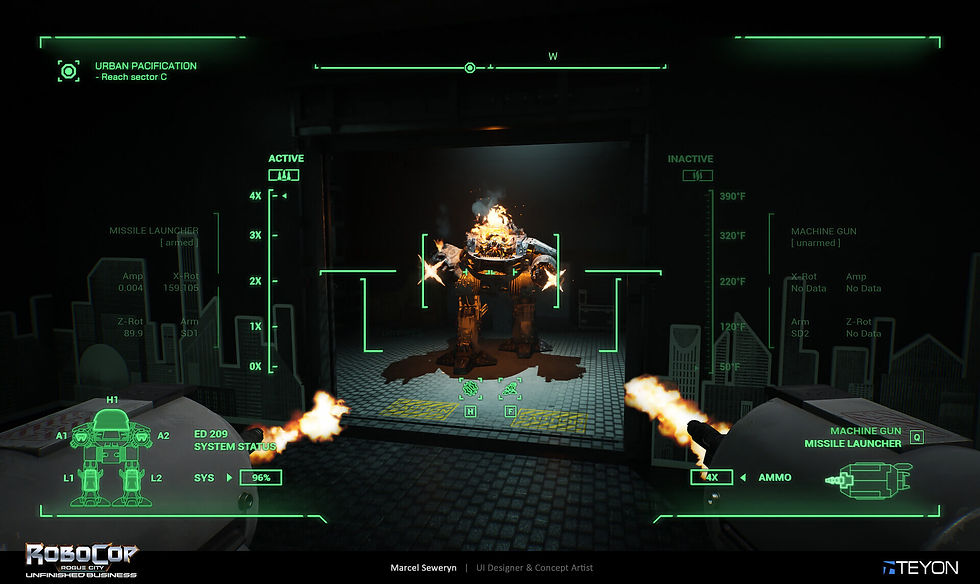 First-person view of a flaming robot in a dark room, framed by green digital HUD with various data readouts and firing guns. Energetic mood.