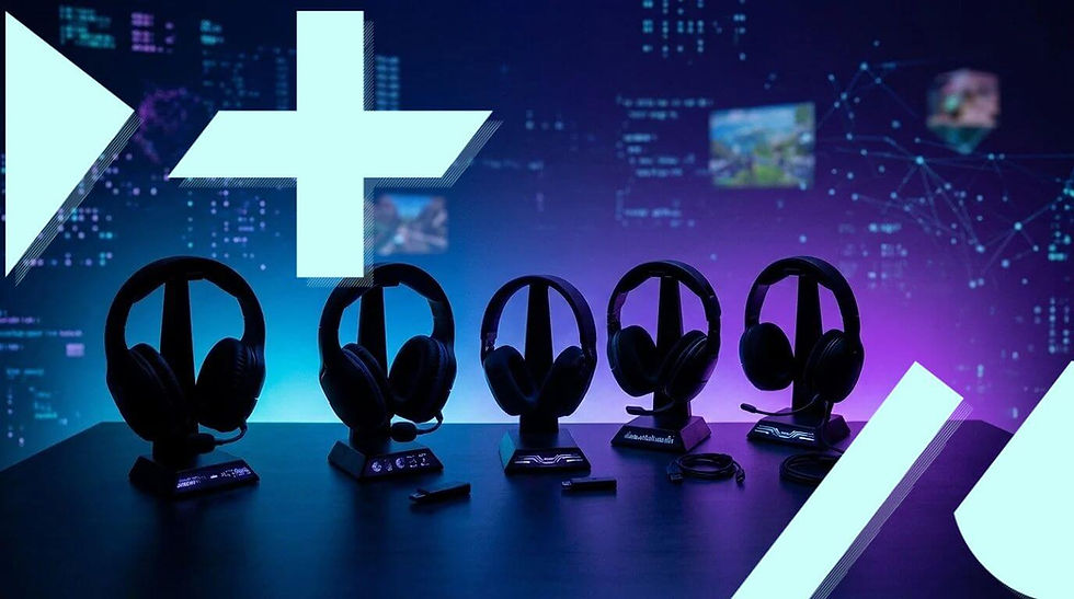 Five black gaming headsets on a table, lit by blue and purple neon, with a futuristic digital background and large plus signs.