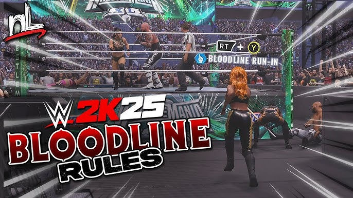 WWE 2K25 Bloodline Rules match in a packed arena, with wrestlers fighting in and around the ring and on-screen RT + Y prompt visible