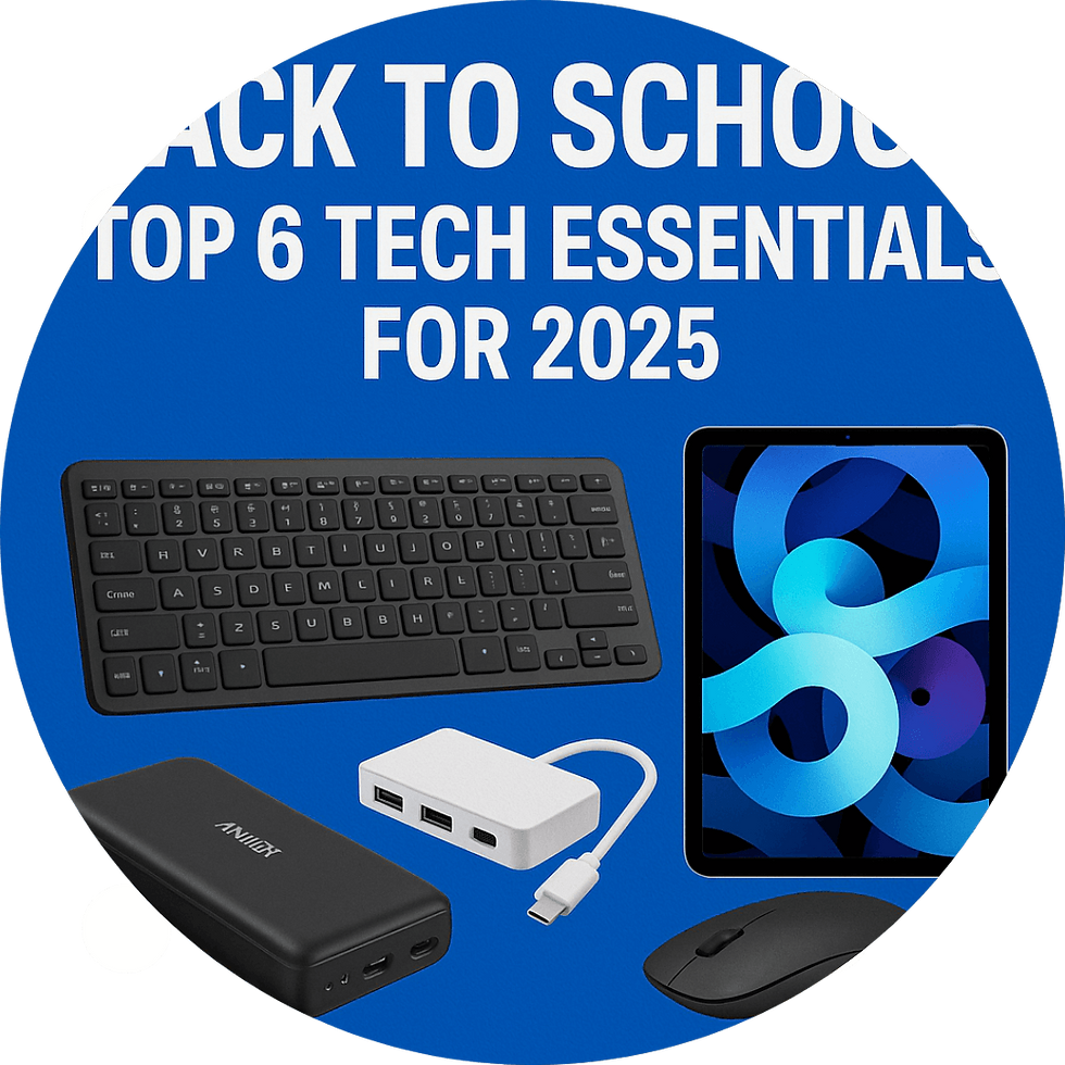 Blue background with text "Back to School: Top 6 Tech Essentials for 2025." Features a keyboard, tablet, USB hub, power bank, and mouse.