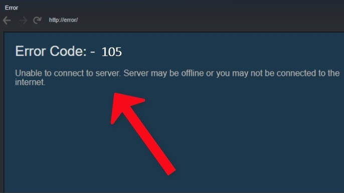 Browser error page with Error Code: 105 and message about unable to connect to server, highlighted by a red arrow.