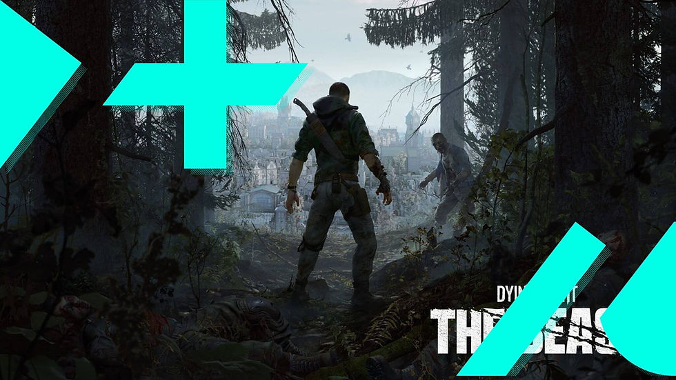Person with a weapon confronts a zombie in a forest. City skyline in the background. Text: "Dying Light: The Beast" in bold.