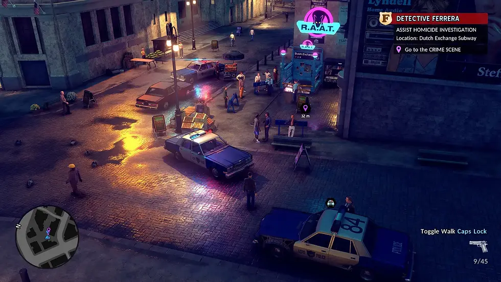 Street scene with police cars and officers. Neon-lit "R.A.A.T." sign. Pedestrians nearby. Text overlays: Detective Ferrera task, mini-map.