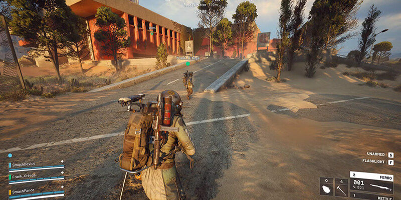 A person with a backpack runs down a desolate road in a video game, surrounded by trees and red buildings. Game HUD is visible.