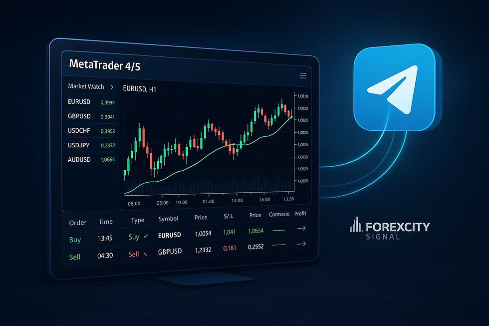 Forex trading screen with candlestick chart and currency pairs; MetaTrader 4/5 interface on dark blue. Telegram icon and "ForexCity Signal" text.