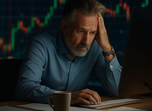 Worried man reviewing forex charts at night
