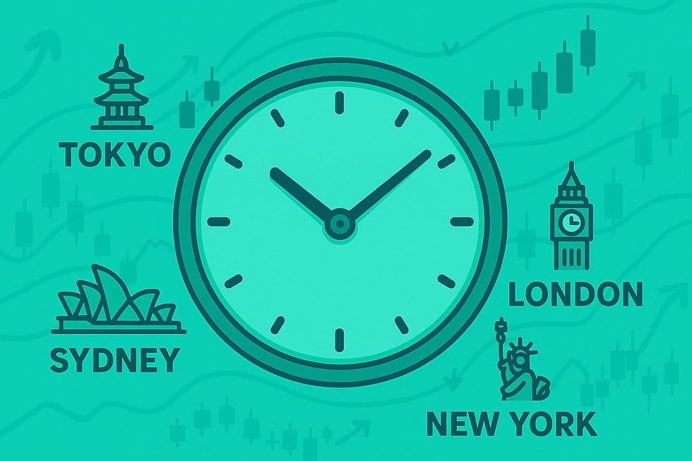 Teal background with a central clock surrounded by icons and names: Tokyo, Sydney, London, New York. Financial chart pattern.