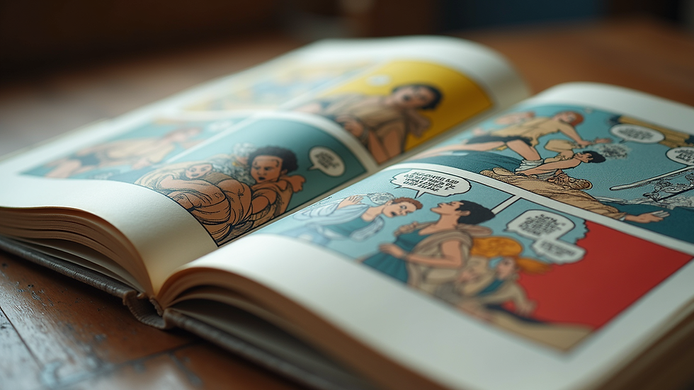 Close-up view of a comic book page with vibrant illustrations
