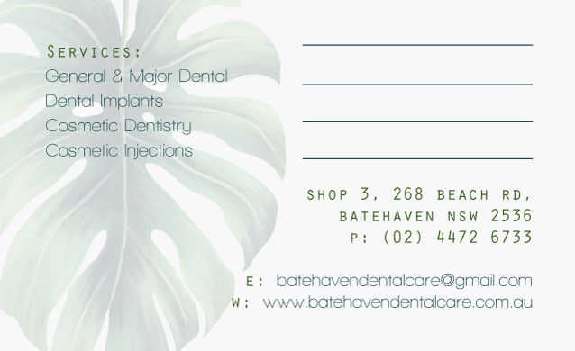 Batehaven Dental surgery business card in batehaven batemans bay on the far south coast of NSW, but development and logo branding in surfers paradise on the gold coast QLD
