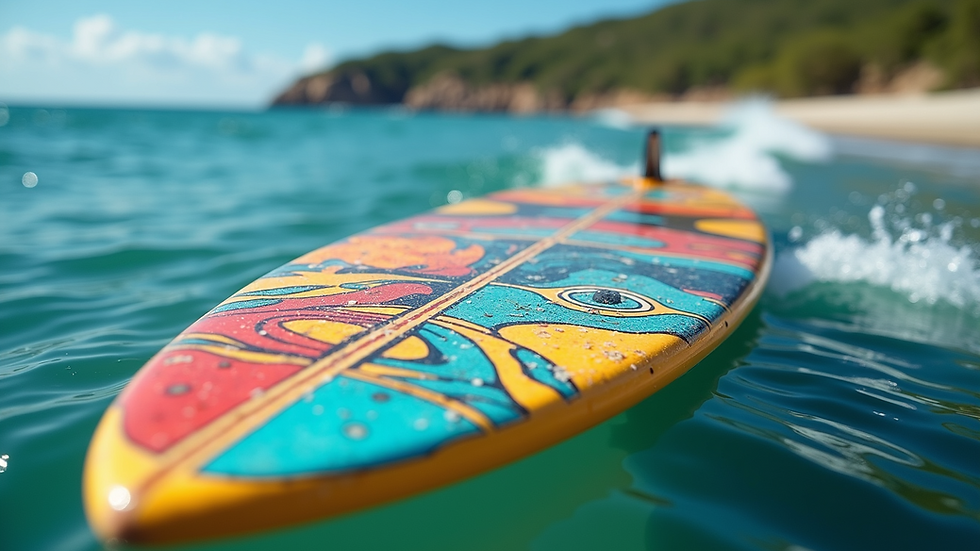 Eye-level view of a colorful surfboard adorned with dynamic surf art