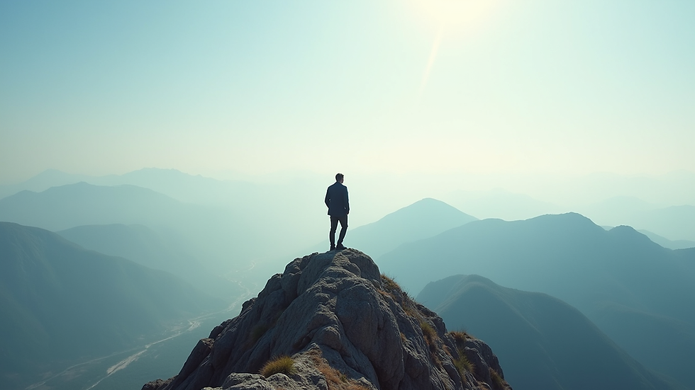 Eye-level view of a person standing on a mountain peak, looking at the horizon