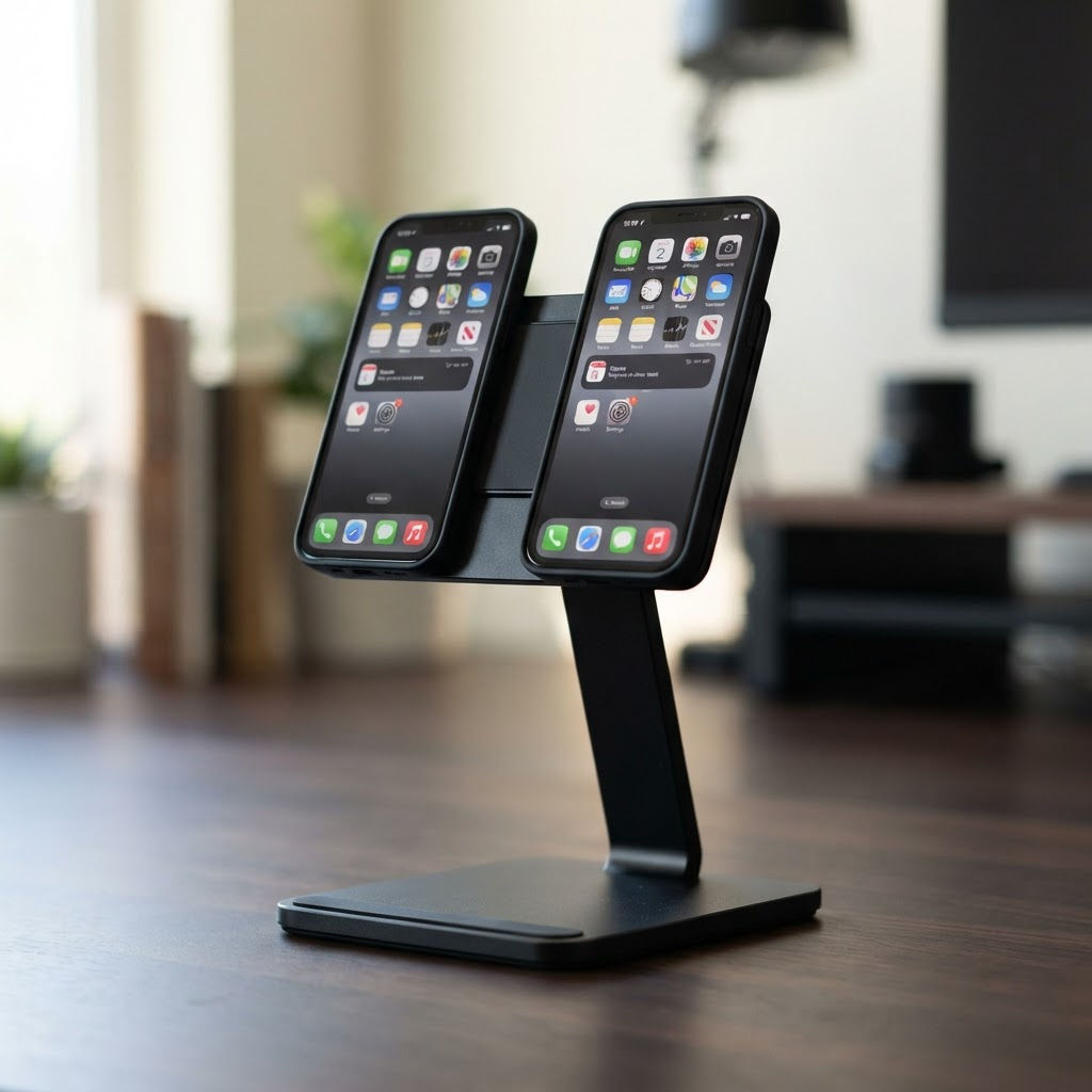 Dual magnetic metal desk stand holding two smartphones side by side