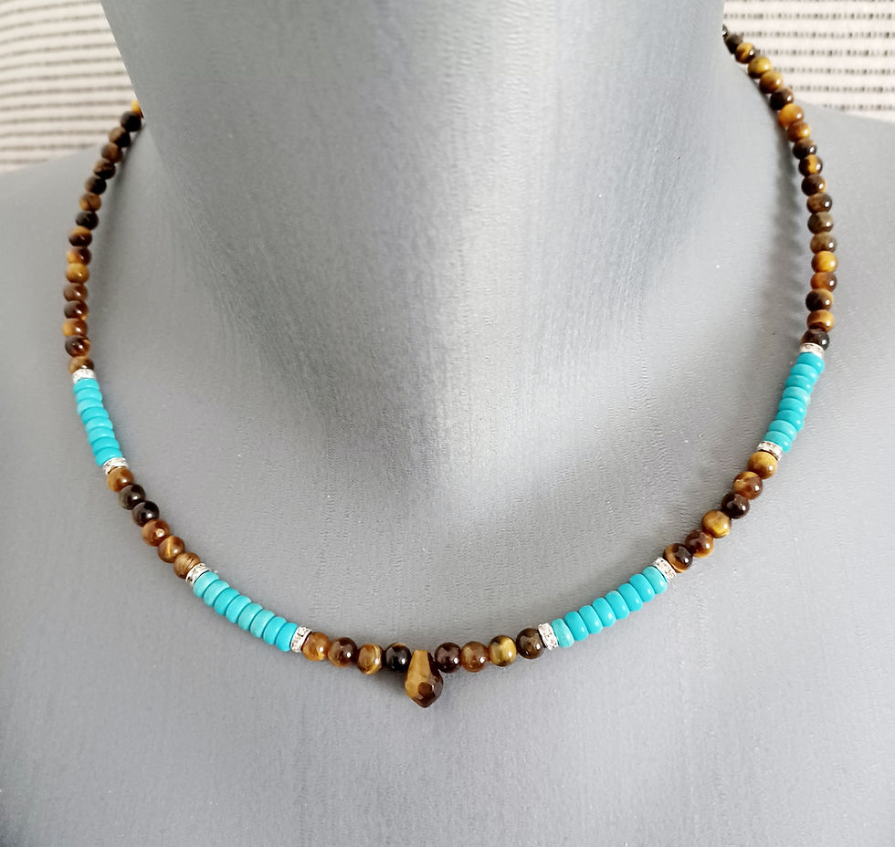 Collier 47 cm perles 4 mm pierres naturelles œil de tigre et turquoises