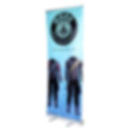 Custom retractable banner stand with blue ribbon design, ideal for business events, trade shows, and promotional displays.