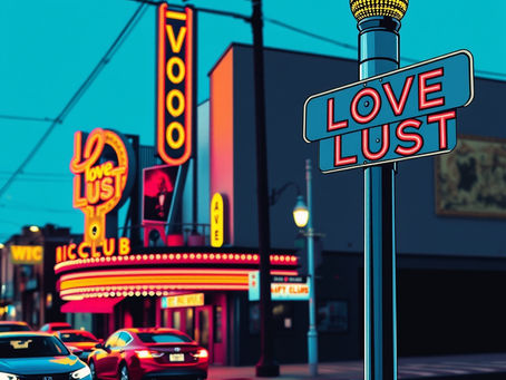 Street sign on busy street called love lust