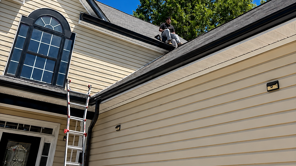 Worker inspecting residential roof and gutters on a ladder