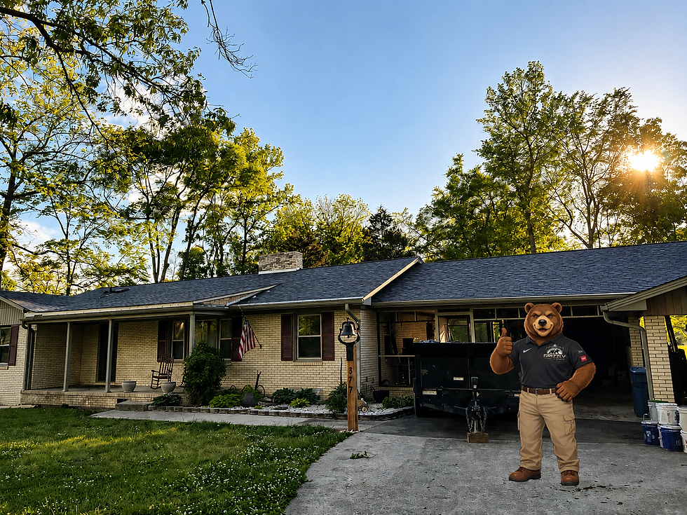A bear mascot in a work uniform standing before a house.