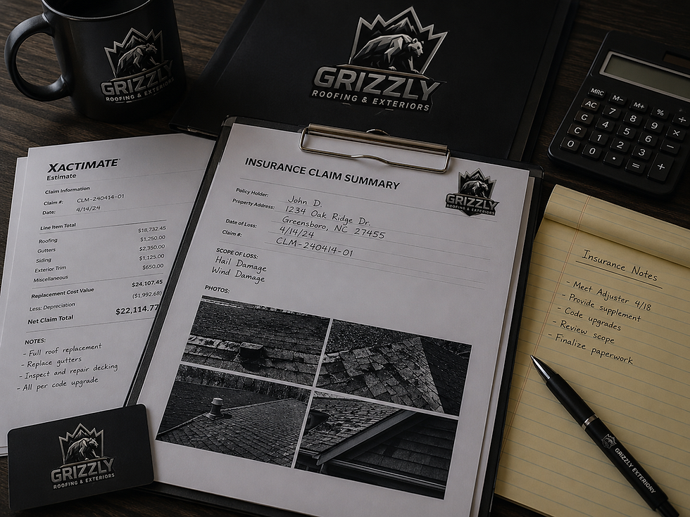 Grizzly Roofing insurance claim summary and paperwork.