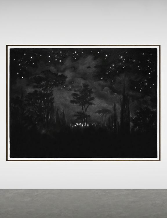 large scale charcoal monochrome drawing by romanian artist dragos sulgheru depicting a nocturnal view of the Appian way