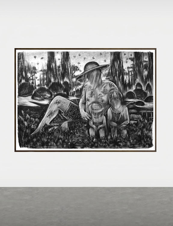 monochrome large scale artwork, charcoal drawing on paper by romanian artist Dragos Sulgheru, family portrait garden