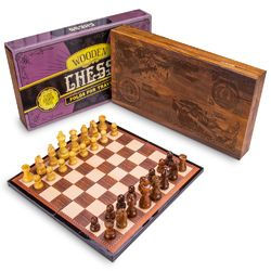 Vintage wooden chess set with case featuring 32 pieces and 10.5 inch board for home decor and gaming