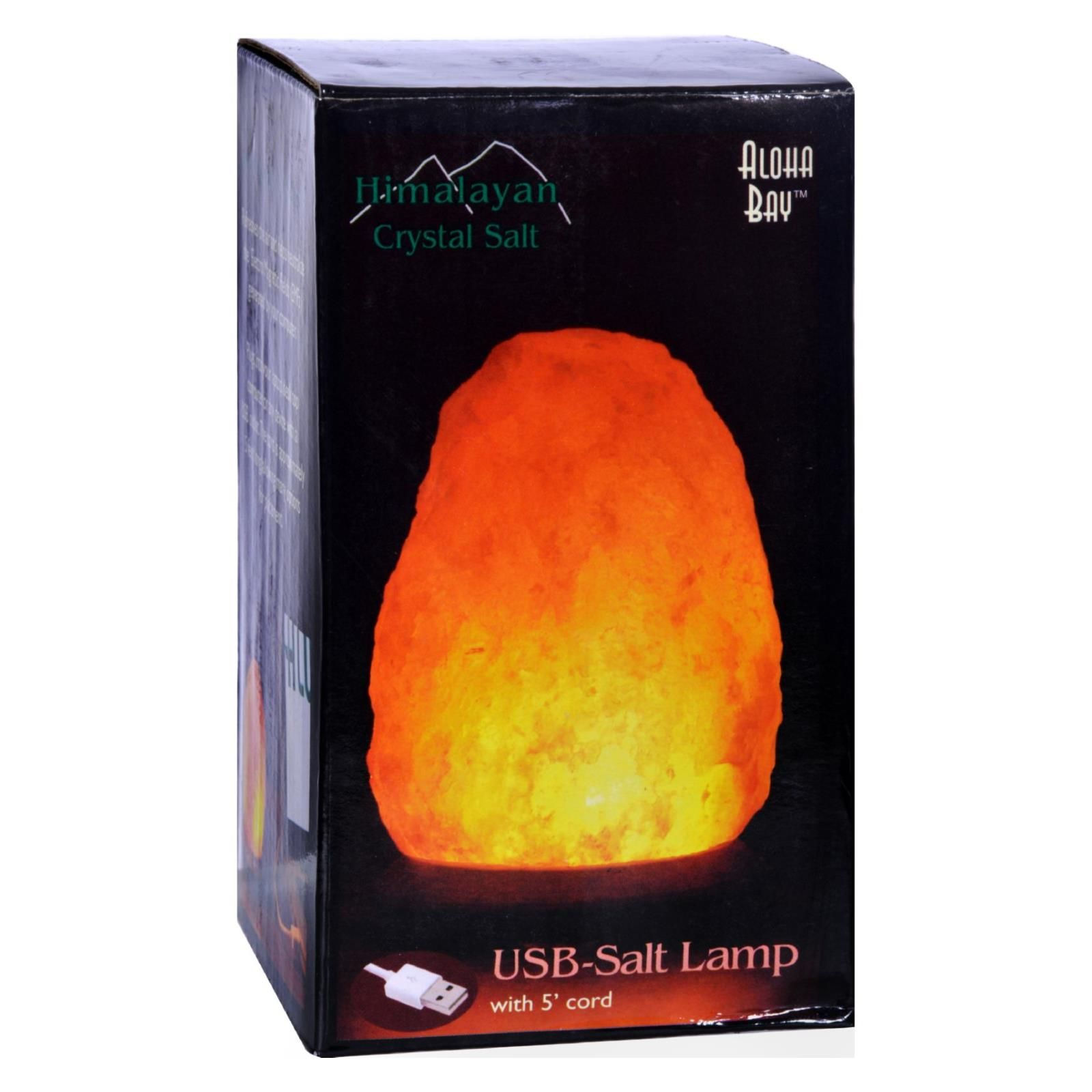 USB Himalayan Salt Lamp with LED lighting and hardwood base, glowing amber on white background