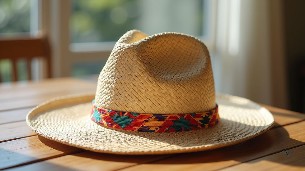 Eye-level view of a straw boho summer hat with a colorful band on a wooden table