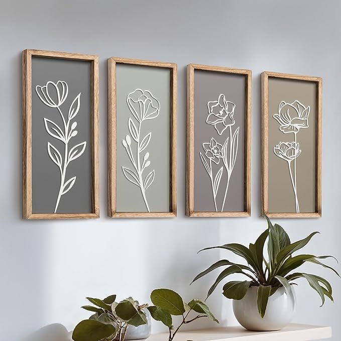 3D wooden wall art set with 4 pieces featuring botanical boho farmhouse bathroom decor designs