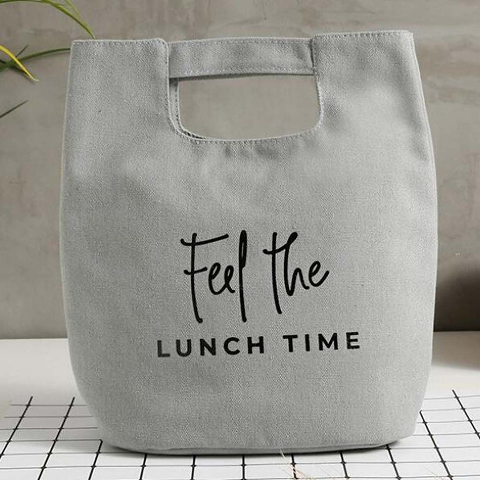 Grey canvas lunch bag with cotton material showing spacious interior for bento box and water bottle