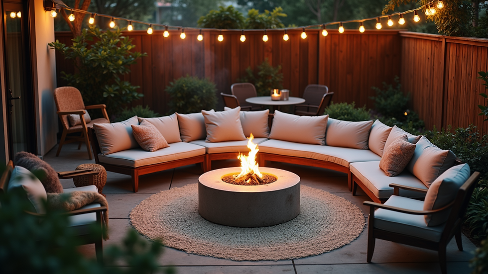 High angle view of a backyard with a fire pit surrounded by boho style seating
