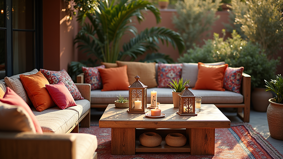High angle view of a bohemian outdoor seating area with colorful cushions and lanterns