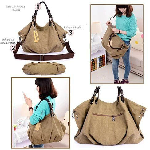 Stone washed canvas handbag leather trim hardware and zipper details